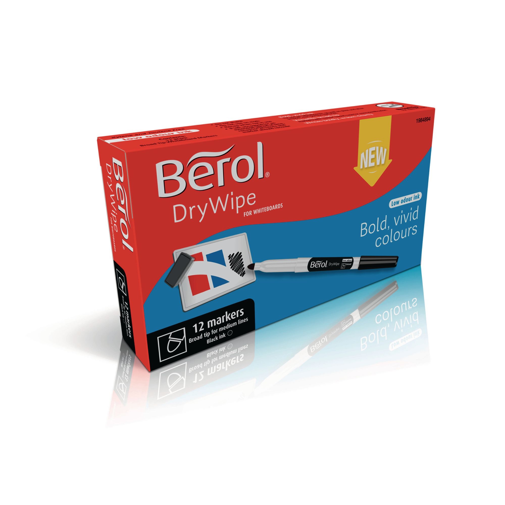 Berol Whiteboard Marker Pens Black, Felt Tip - Pack of 12